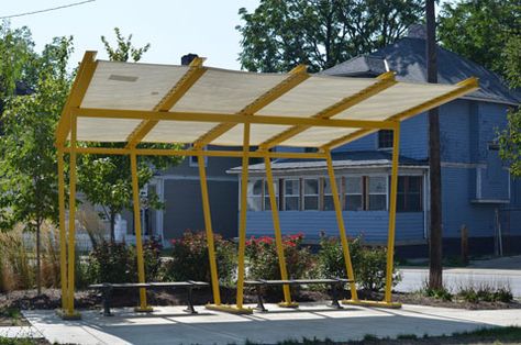 Shade structures by People for Urban Progress, made from upcycled RCA Dome fabric. Unique Shade Structures, Cantilever Shade Structure, Park Shade Structure, Bus Stop Design, Improve Life, Urban Design Graphics, Pocket Park, Patio Shade, Canopy Design