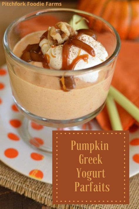 Can't get enough pumpkin packed in during the fall season? Pumpkin Yogurt Parfait's are like having a healthy slice of creamy pumpkin pie in a glass! #pitchforkfoodie #healthy #dessert #pumpkin Pumpkin Greek Yogurt, Creamy Pumpkin Pie, Yogurt Mousse, Pumpkin Yogurt, Dessert Pumpkin, Greek Yogurt Parfait, Healthy Slice, Yogurt Parfait, Canned Pumpkin