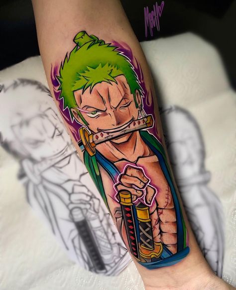 Roronoa Zorro Tattoo Design, Sanji Vinsmoke Tattoo, Anime Traditional Tattoo, One Piece Tattoo Ideas Design, Roronoa Zoro Tattoo Ideas, Zoro Tattoo Design, Zoro Tattoo Ideas, Roronoa Zoro Tattoo, Zoro One Piece Tattoo