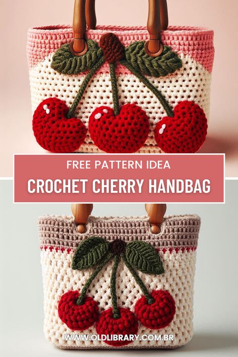 Create your own crochet cherry handbag with this detailed pattern. A fun and stylish bag with wooden handles and cherry appliqués! Bag With Wooden Handles, Crochet Cherry, Bag Crochet, Stylish Bag, Wooden Handles, Crochet Bag, Free Pattern, Create Yourself, Crochet Patterns