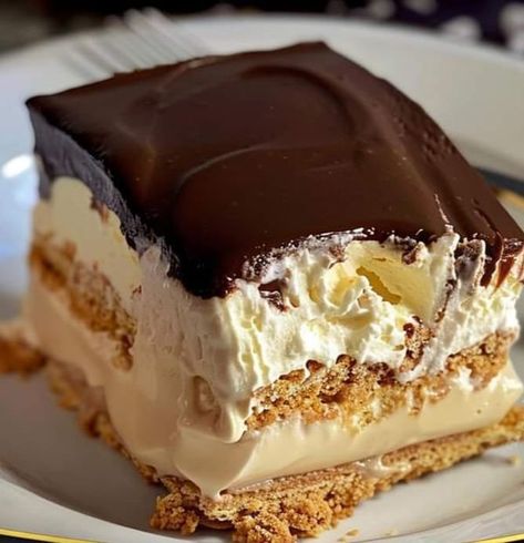 CHEF GUY FIERI🍛 | No Bake Eclair Cake | Facebook Eclair Cakes, No Bake Chocolate Eclair Cake, No Bake Chocolate Eclair, No Bake Eclair, No Bake Eclair Cake, Icebox Cakes, Vintage Pasta, Oatmeal Squares, Chocolate Eclair Cake