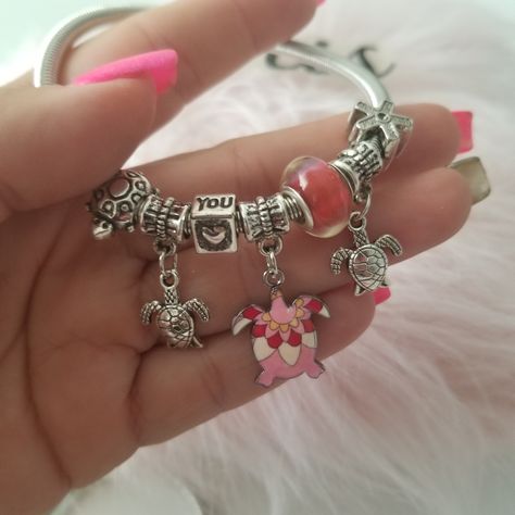 Adorable Charm Bracelet With Dangels * Pink Turtle * Charm Bracelet * One Size * Stackabel * Good Luck Charms * Beads Mix & Match Item With Other Accesories Labeled Charms For Charm Bracelets, Body Jewelry Diy, Bracelets With Charms, Pandora Bracelet Charms Ideas, Pink Turtle, Good Luck Charms, Bracelet Inspo, Turtle Charm, Bracelet Charms