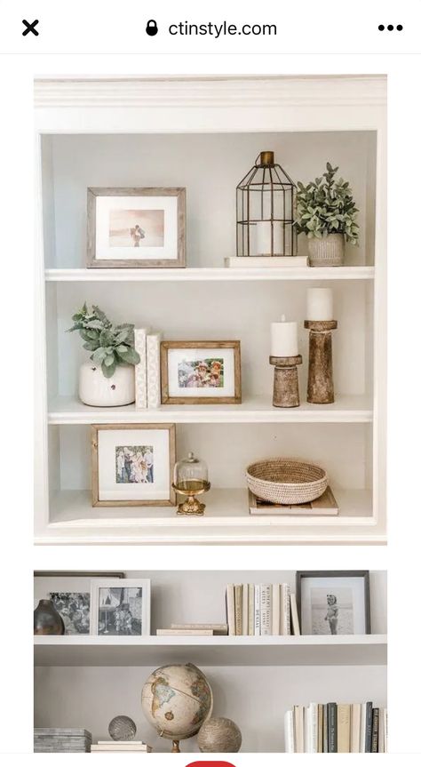 Built In Cabinet Decorating Ideas, Decorating Shelves Living Room, Bookshelf Styling With Family Pictures, Fireplace Side Shelves Decor, Fireplace Decor With Shelves, Styling Large Built In Shelves, Simple Built In Decor, Modern Farmhouse Shelving Decor, Wall Unit Styling