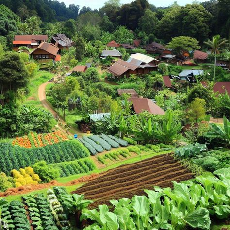 A view of the farming village, with various crops, fruits, and vegetables growing organically. - Image Creator Growing Fruits And Vegetables, Farming Village, Vegetables Growing, Farm Landscape, Dream Farm, Farm Projects, Landscape View, Growing Fruit, Growing Vegetables