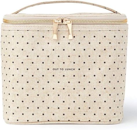 This cute lunch box is made of a coated linen cloth exterior in a black dot print with saying, "out to lunch." (Affiliate link) Cute Lunch Boxes, Canvas Lunch Bag, Insulated Lunch Tote, Best Lunch Bags, Cooler Tote, Cooler Lunch Bag, Out To Lunch, Bags Kate Spade, Kate Spade Totes