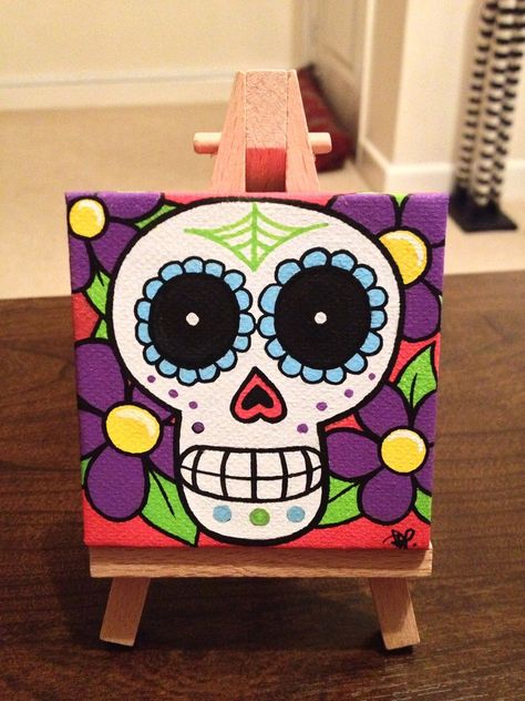 Skull Paintings, Sugar Skull Crafts, Kids Art Party, Sugar Skull Painting, Day Of The Dead Artwork, Mini Canvases, Kids Canvas Art, Skull Crafts, Day Of The Dead Art