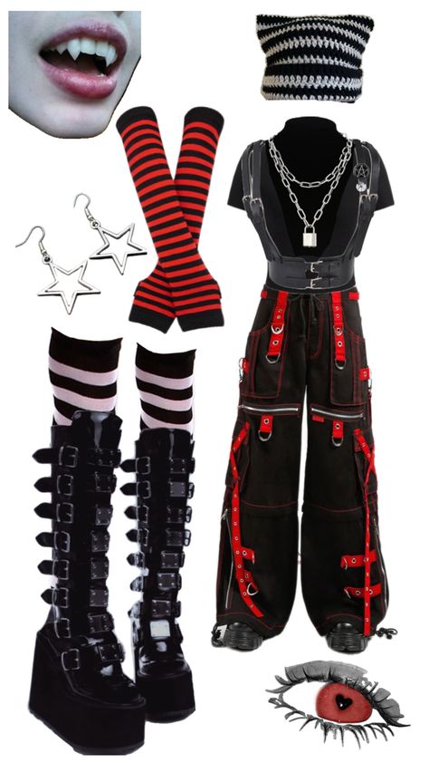 Red Alternative Outfits, Red Goth Aesthetic, Black And Red Outfit, Scene Clothing, Cute Wolf Drawings, Red Goth, Masc Outfits, Punk Shoes, Goth Aesthetic