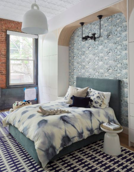 Bed Niche, Dark Gray Bed, Tribeca Loft, Blue And White Wallpaper, School Interior, Loft Studio, Loft Spaces, Grey Bedding, Contemporary Bedroom