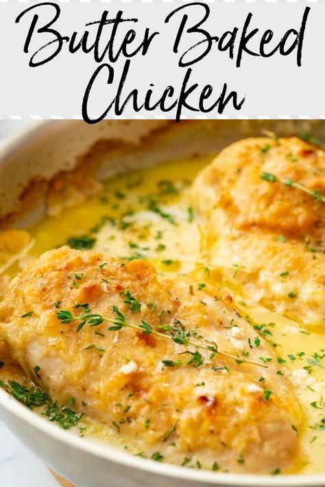 Creamy, indulgent and oh so tasty, this butter baked chicken recipe is a hit! The chicken breasts are juicy and succulent. You don't need a lot of ingredients to make this amazing chicken dish. #butterbakedchicken #chickendinner #chickenrecipe Chicken Breast And Potatoes Recipes Oven, Cubed Chicken Breast Recipes, Kid Friendly Chicken Breast Recipes, Butter Baked Chicken, Chicken Boneless Breast Recipes, Baked Chicken Recipe, Amazing Chicken, Chicken Recipes Video, Easy Chicken Dinner Recipes