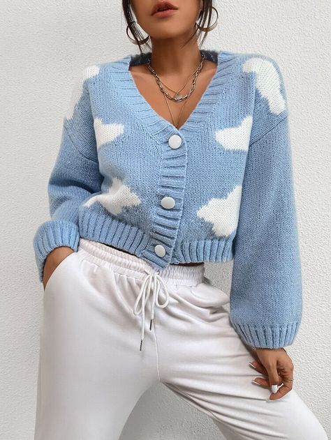 Clouds Crochet Sweater, Jaket Crochet, Drop Shoulder Cardigan, Cropped Cardigan Sweater, Legging Sport, Button Sweater, Puff Sleeve Dresses, Self Design, Design Fabric