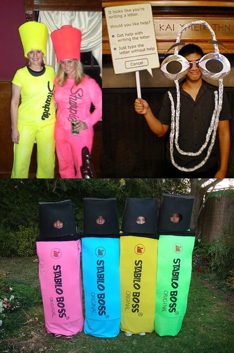 highlighters-paper-clippy-costumes Funny Group Halloween Costumes, Group Costume Ideas, Easy College Halloween Costumes, Halloween Costumes For Work, Teacher Halloween Costumes, Adult Party Themes, Bff Halloween Costumes, Best Friend Halloween Costumes, Clever Halloween Costumes