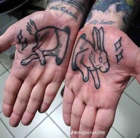 Rabbit Head Tattoo, Tattoo Rabbit, Jagua Henna, Rabbit Tattoo, Funky Tattoos, Palm Tattoos, Bunny Tattoos, Sick Tattoo, Head Tattoo