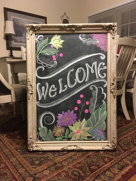 A chalkboard welcome sign I recently did for an event Chalk Art Welcome Sign, Vintage Chalkboard Art, Chalkboard Art Colorful, Welcome Blackboard Ideas, Thank You Chalkboard Sign, Chalk Boarder Designs Spring, Small Chalkboard Ideas, May Chalkboard Ideas, Wine Chalkboard Art