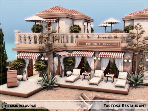 The Sims Resource - Tartosa Restaurant Sims 4 Tartosa Restaurant, Sims 4 Beach Restaurant, Houses Inspiration, Sims 4 Restaurant, Sims Love, Female Sims, The Sims 4 Lots, Town Homes, Sims Builds