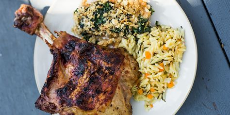 Grilled Butterflied Turkey Legs with Lemon Orzo - Andrew Zimmern Turkey Legs On The Grill, Penne Carbonara Recipe, Butterflied Turkey, Grilled Turkey Legs, Tuna Nicoise Salad, Cooking Over Fire, Lemon Orzo, Andrew Zimmern, Grilled Turkey