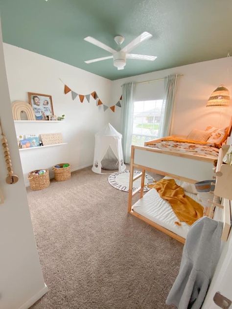 Bunk Bed In Small Room, Shared Gender Bedroom, Gender Neutral Toddler Room Shared, Neutral Shared Bedroom, Gender Neutral Shared Bedroom, Grey Playroom, Sharing Bedroom, Toddler Boy Room, Sibling Room