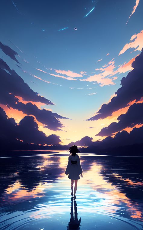 Anime Sunset Aesthetic Wallpaper, Anime Sunrise Aesthetic, Anime Water Background, Anime Water Wallpaper, Water Reflection Drawing, Solas Wallpaper, Sky Reflection On Water, Sunrise Anime, Ethereal Sunset