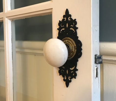 Dekeswoodshed - Etsy Whimsical Cabinet, Door Knob Plate, Black Door Knob, Decorative Door Knobs, Black Door Knobs, Wood Plates, Black Door, Antique Doors, Painted Plates