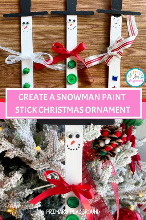 Crafted snowman ornaments made from painted sticks with button and ribbon decorations, placed on a Christmas tree. Snowman Stick Crafts, Paintbrush Ornaments Christmas Crafts, Popsicle Stick Ornaments Kids, Craft Stick Ornaments, Stick Ornaments, Clothes Pin Ornaments, Popsicle Stick Ornaments, Paint Stick Crafts, Christmas Clothespins