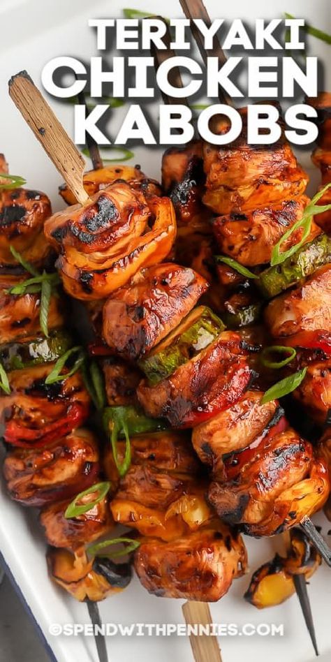 These teriyaki chicken kabobs are an easy way to impress your guests. The marinade makes the meat taste so delicious & tender and the veggies make this dish so colorful. #spendwithpennies #teriyakichickenkabobs #maindish #recipes #ovenbaked #kikkoman #skewers #withpineapple #vegetable #marinade #onthegrill Shishkabob Chicken Marinade, Shiskabob Recipes Marinade, Shicabob Ideas, Sheet Pan Chicken Kabobs In The Oven, Teriyaki Chicken Kabobs On The Grill, Bbq Skewers Recipes, Chicken Kebab Marinade, Chicken Kebabs On The Grill, Chicken Shish Kabobs Marinade