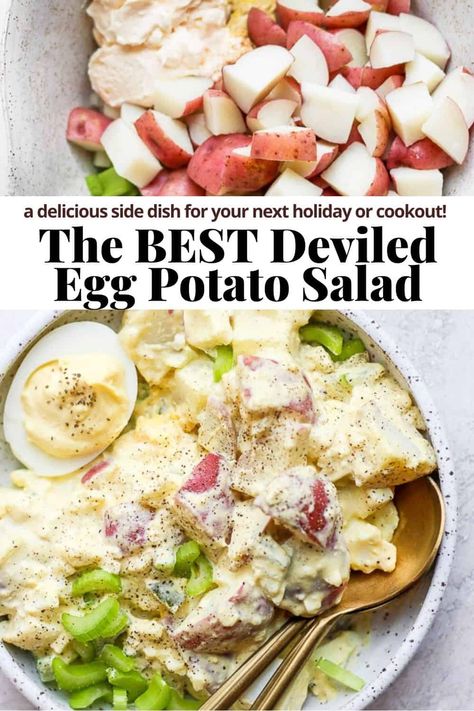 Deviled Egg Potato Salad - An easy and delicious deviled egg potato salad recipe that the whole family will love!! Perfect for cookouts! #deviledeggpotatosalad #deviledeggpotatosaladrecipe #deviledeggpotatosaladeasy #deviledeggpotatosaladrecipeeasy Deviled Egg Potato Salad Recipe, Egg Potato Salad Recipe, Egg Potato Salad, Delicious Potato Salad, Making Potato Salad, Potato Salad With Bacon, Deviled Egg Potato Salad, Making Bacon, Egg Potato