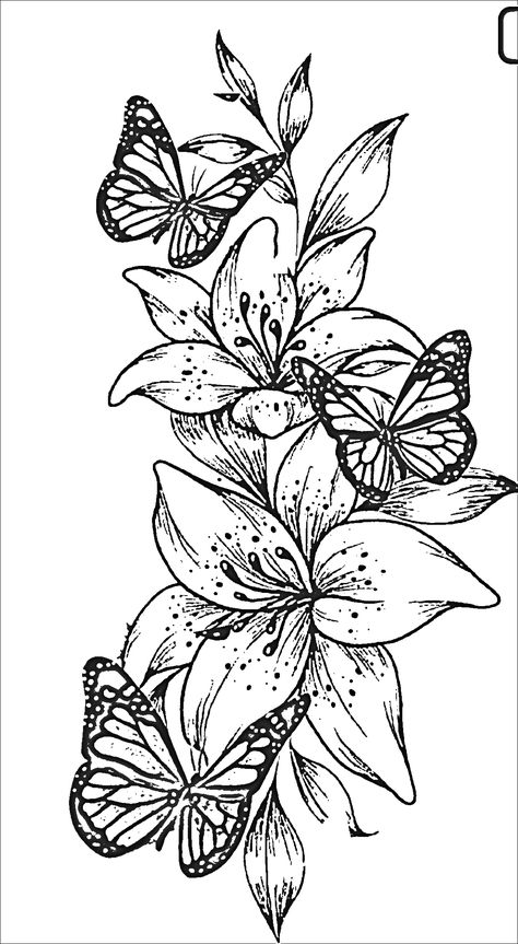 Tattoo Ideas Foram, Women Sleeve Tattoo Drawing, Flower Sleeve Forearm, Drawn Out Tattoo Ideas, Wild Flower Tattoo Thigh, Upper Arm Tattoo Women Half Sleeves, Women’s Arm Sleeve Tattoo Ideas, Lilly And Butterfly Tattoo Ideas, Tattoos Of Grandparents