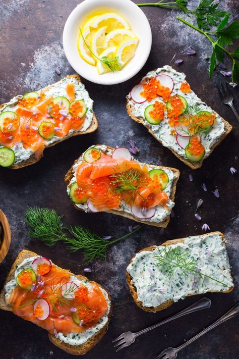 Tartines with Herb Cheese and Smoked Salmon - Nerds with Knives Salmon Tartine, Whitefish Salad, Herb Cream Cheese, Candied Orange, Salmon Roe, Smoked Trout, Herb Cheese, Spring Brunch, Smoked Fish