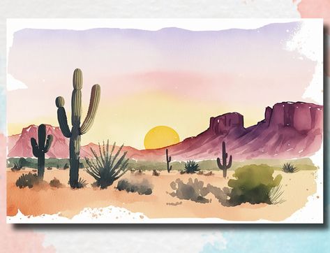 Watercolor Desert Landscape, Sonoran Desert Landscape, Desert Sunset Painting, Arizona Poster, Desert Watercolor, Watercolor Minimal, Sunset Cactus, Southwestern Landscape, Cactus Sunset