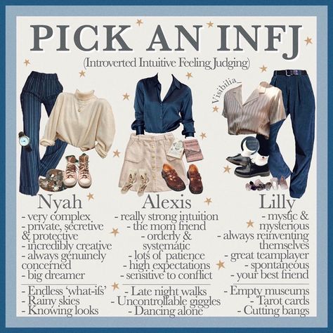 𝐌𝐚𝐡𝐚𝐥𝐢𝐚 🌼 on Instagram: “16 𝙥𝙚𝙧𝙨𝙤𝙣𝙖𝙡𝙞𝙩𝙞𝙚𝙨: 𝙄𝙉𝙁𝙅 Are you an INFJ? Which girl would you pick? • Hi! This is the new personality series! I’m excited to learn more…” Infj Outfits, Infj Aesthetic, Mormon Outfits, Personalidad Infj, Geek Clothes, Infj T, Dark Academia Fashion, Academia Fashion, Infj Personality