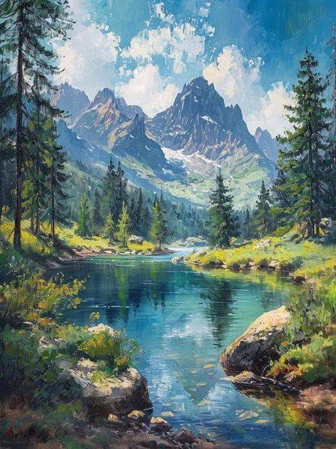 Acrylic Painting Ideas On Canvas Nature, River Painting Easy, Painting Mountains Acrylic, Maine Scenery, Mountain Scenery Painting, Scenic Painting, Painting Mountains, Beautiful Landscape Paintings, Mountain Landscape Photography