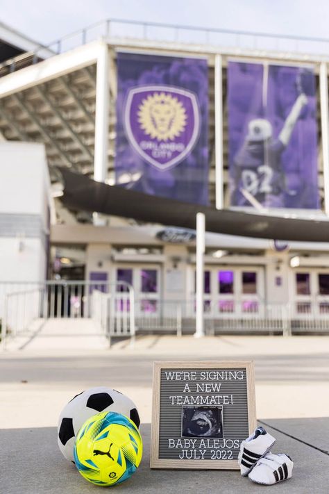 Soccer Baby Announcement, Soccer Pregnancy Announcement, Photoshoot Outside, Orlando City Soccer, Pregnancy Announcement Family, Soccer Baby, Announcement Photos, Soccer Theme, Pregnancy Announcement Photos