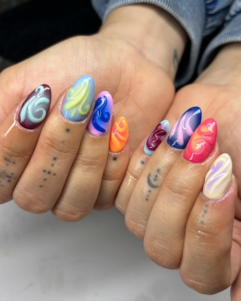 hehehe nail overlay using @izemicanada @izemikorea abstract airbrush nails with a twist in 3d texture! on each hand we did the inverse of the colour palettes #nailinspo #airbrushnails #simplenails #nails #biabnails #overlaynails Textured Nails, Nail Overlay, Biab Nails, Overlay Nails, Airbrush Nails, Short Nail, Short Nail Designs, 3d Texture, Colour Palettes