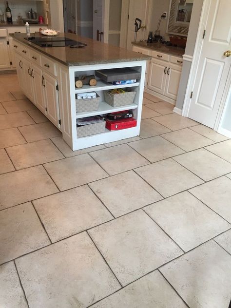 Paint Grout and Kitchen Tile Floor Light Tile Dark Grout Floor, Tan Tile Kitchen Floor, Beige Tile Kitchen Floor, Beige Tile Kitchen, Paint Grout, White Tiles Black Grout, Grey Kitchen Walls White Cabinets, Painted Kitchen Floors, Painting Kitchen Tiles