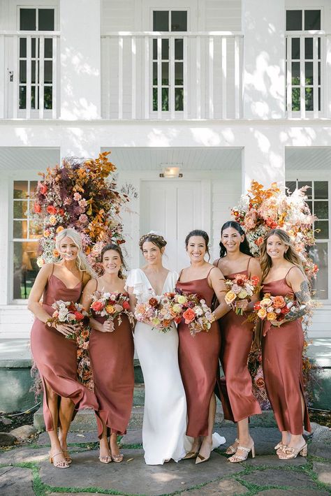 Daytime Fall Wedding, Dust Orange Wedding, Auburn Wedding Theme, Dusty Rose Burnt Orange Wedding, Pink Fall Wedding Colors, Fall Bridesmaids Dresses, Cornman Farms Wedding, Bridesmaids Colors, Apricot Wedding