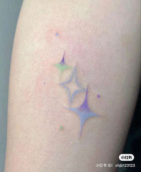 Blue Star Tattoos For Women, Rainbow Gradient Tattoo, Pastel Color Tattoo, Gradient Star Tattoo, Colour Star Tattoo, Colored Star Tattoos, Soft Color Tattoo, Light Colored Tattoos, Star Tattoo Color