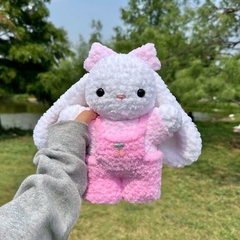 bunny with a layered pink shirt and overalls 🎀🍒 available on my etsy 🌸 bunny made using my hoodie bunnies pattern, clothes freehanded 🫧 #crochet #amigurumi #amigurumiplush #crochetplushies #crochetbunny #bunnyplush #crocheter Pink Bunny Crochet, Pattern Clothes, Bunny Onesie, Easy Crochet Animals, Crochet Mignon, Sewing Stuffed Animals, Kawaii Crochet, Beginner Crochet Projects, Fun Crochet Projects