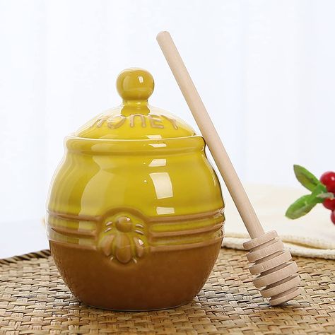 PRICES MAY VARY. 【Honey Jar with Bee Shape Dipper】-Our Honey Jar Set is equipped with a perfect lid and a honey Dipper . The lid can keep your ingredients away from dust. There is a perfect notch on the lid for the honey Dipper . They are a perfect combination of suits. 【High Quality Ceramic】- Honey Jar with dipper is made of ceramic material without lead and cadmium,it is very easy to clean and good for your health,You can choose to wash it by hand. If you will store there sugar, salt or any ot Honey Jar, Farmhouse Kitchen, Salt, Honey, Bee, Farmhouse, Yellow