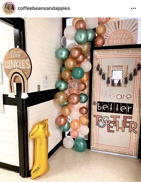 Better Together Classroom Door, Homey Classroom Decor High School, Classroom Door Ideas Boho, Boho Rainbow Classroom Door Ideas, Boho Math Classroom, Boho Door Decor Classroom, Boho Classroom Door Ideas, Desk Setup Classroom, Teacher Break Room