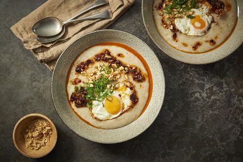 Oat Congee with Fried Egg & Chilli — Farm to Fork Oat Congee, Onsen Egg, Farm To Fork, Low Salt, Red Tractor, Celebrity Chef, Roasted Peanuts, Celebrity Chefs, Cooking Show