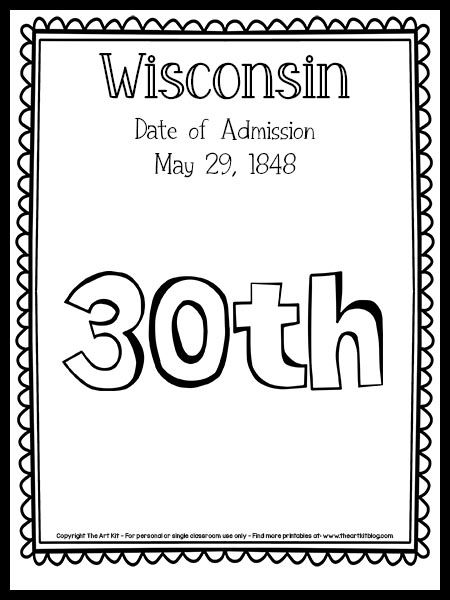 Wisconsin Coloring Page (The 30th state!) {FREE Printable!} - The Art Kit Curriculum Lesson Plans, Social Studies Unit, Coloring Page Free Printable, The 50 States, State Symbols, State Of Colorado, Country Theme, State Birds, Educational Activities For Kids