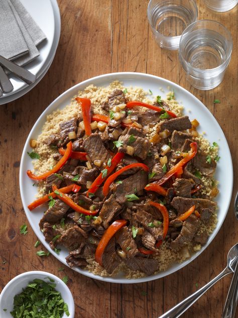 Beef Stir-Fry with Couscous. Check out this recipe and more Texas Favorites at the new beeflovingtexans.com Beef Pepper Steak, Beef Top Round Steak, Steak Stir Fry, Brand Food, Steak And Onions, Asian Beef, Top Sirloin Steak, Fry Recipes, Beef Stir Fry