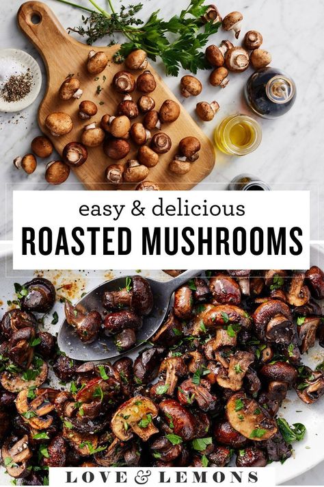 Learn how to roast mushrooms in the oven! These easy roasted mushrooms have a meaty texture and rich, savory flavor. They're a delicious side dish! Roasted Mushrooms Oven, Roast Mushrooms, Lamb Side Dishes, Oven Roasted Mushrooms, Mushrooms Edible, Lemons Recipes, Starchy Sides, Meatless Meals Healthy, Sautéed Veggies