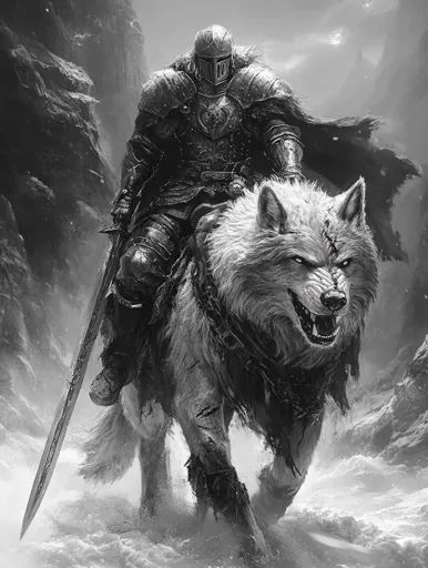 ↑↑↑ Larger size on website 🔸 A knight in full armor, riding a large, white wolf, is depicted in a black and white illustration. T Types Of Wolves, Wolf Knight, Wolf Warriors, White Wolf, Black And White Illustration, Fantasy Aesthetic, Studio Ghibli, Vikings, Art Images