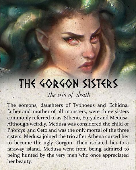 Greek Mythology (@greeklore) • Gorgons • Typhon • Typhoeus • Monsters • Medusa • Phorcus and Ceto • Athena Greek God Meanings, Gorgon Sisters, Greek Mythology Goddesses, Greece Mythology, Sejarah Kuno, Medusa Art, World Mythology, Greek Mythology Gods, Greek Myth