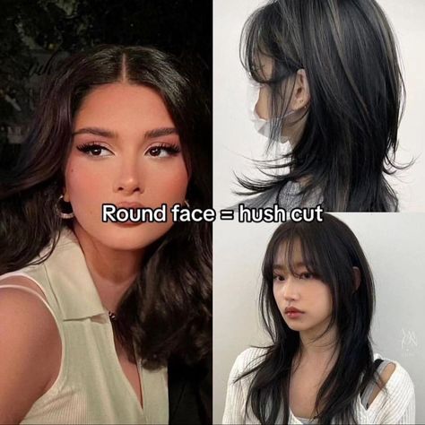 haircut, face shapes, oval face, round face, diamond face, heart face, square face, wispy bangs, wolf cut, long layers, hush cut, long hair, hair for every face shape Square Hairstyles Face Shapes, Wolfcut On Square Face, Best Hairstyle For Rounded Face, Almond Face Shape, Wolfcut For Square Face, Face Shape Hairstyles Oval, Haircuts For Long Hair And Round Face, Bangs On Different Face Shapes, Hush Bangs