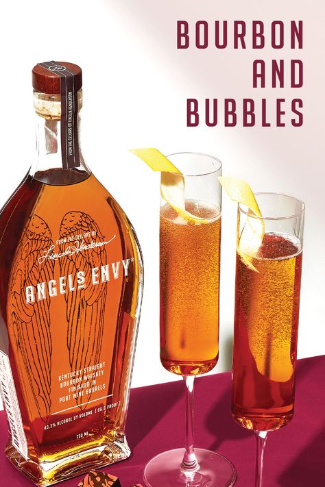 Classic Bourbon Cocktails, Bourbon Signature Cocktail, Champagne Mixed Drinks, Bourbon Champagne Cocktail, Bourbon And Bubbles, Angel Envy Bourbon, Angels Envy Bourbon, Angels Envy, Angels Envy Bourbon Cocktails