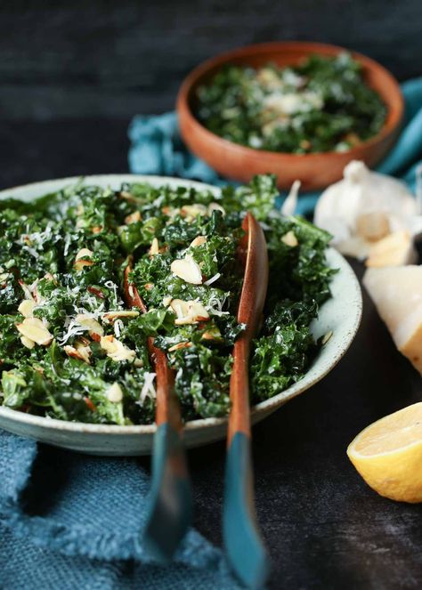 Lemon Garlic Kale Salad with Almonds Kale Garlic Salad, Lemon Garlic Kale Salad, Lemon Garlic Kale Salad Nyt, Kale Stir Fry, Kale Salad Dressing, Lemon Kale Salad, Salad With Almonds, Garlicky Kale, Garlic Kale