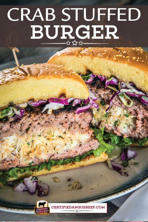 Savor incredible flavor with a crab cake stuffed hamburger. Chesapeake Bay Crab Stuffed Burger is the ultimate fancy burger recipe. #bestangusbeef #certifiedangusbeef #beefrecipe #burger #grilling #crab #crabburger Stuffed Burger, Beef Appetizers, Egg Burger, Crab Stuffed, Tailgating Recipes, Gourmet Burgers, Angus Beef, Burgers Sandwiches, Beef Burgers