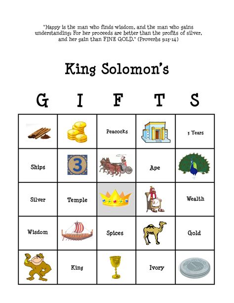 King Solomon Bingo: The lesson was learning about all of the items that King Solomon received on the ships that came in every three years, as well as other gifts he was given. Solomon Asks For Wisdom, Vbs Activities, Bsf Ideas, Solomon Bible, Sunday School Worksheets, Story Crafts, Children Ministry, Bible Worksheets, Bible Object Lessons