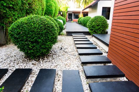 12 Simple Front Yard Landscaping Ideas | MYMOVE Diy Rock Landscaping Ideas, Tanaman Air, Walkway Design, Front Walkway, Path Ideas, Professional Landscaping, Stone Walkway, Front Yard Landscaping Simple, Garden Pathway